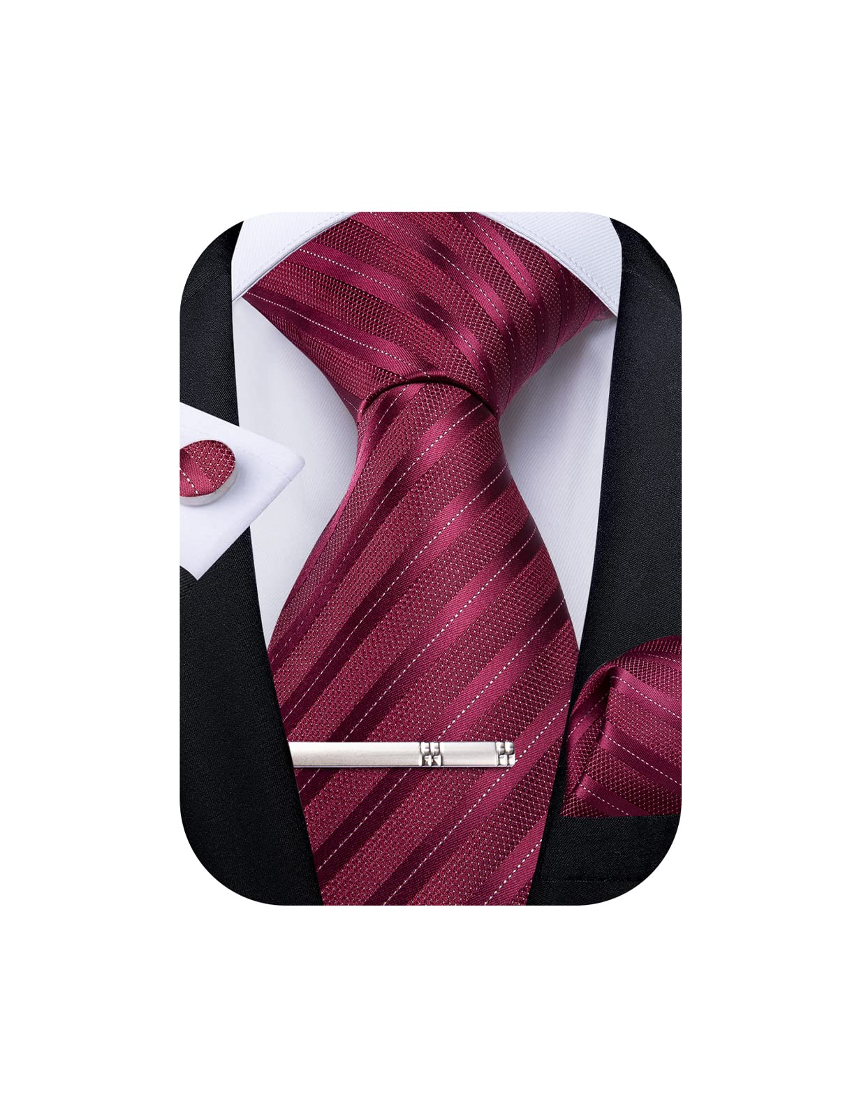 Mens Striped Tie Silk Woven Necktie and Pocket Square Cufflinks Tie Clip Set Wedding Business Formal Gift Tie for Men