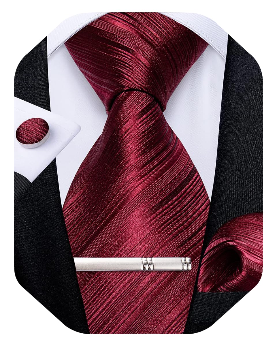 Mens Silk Necktie Solid Color Tie and Pocket Square Cufflink Tie Clip Set Woven Plain Ties for Men Wedding Party