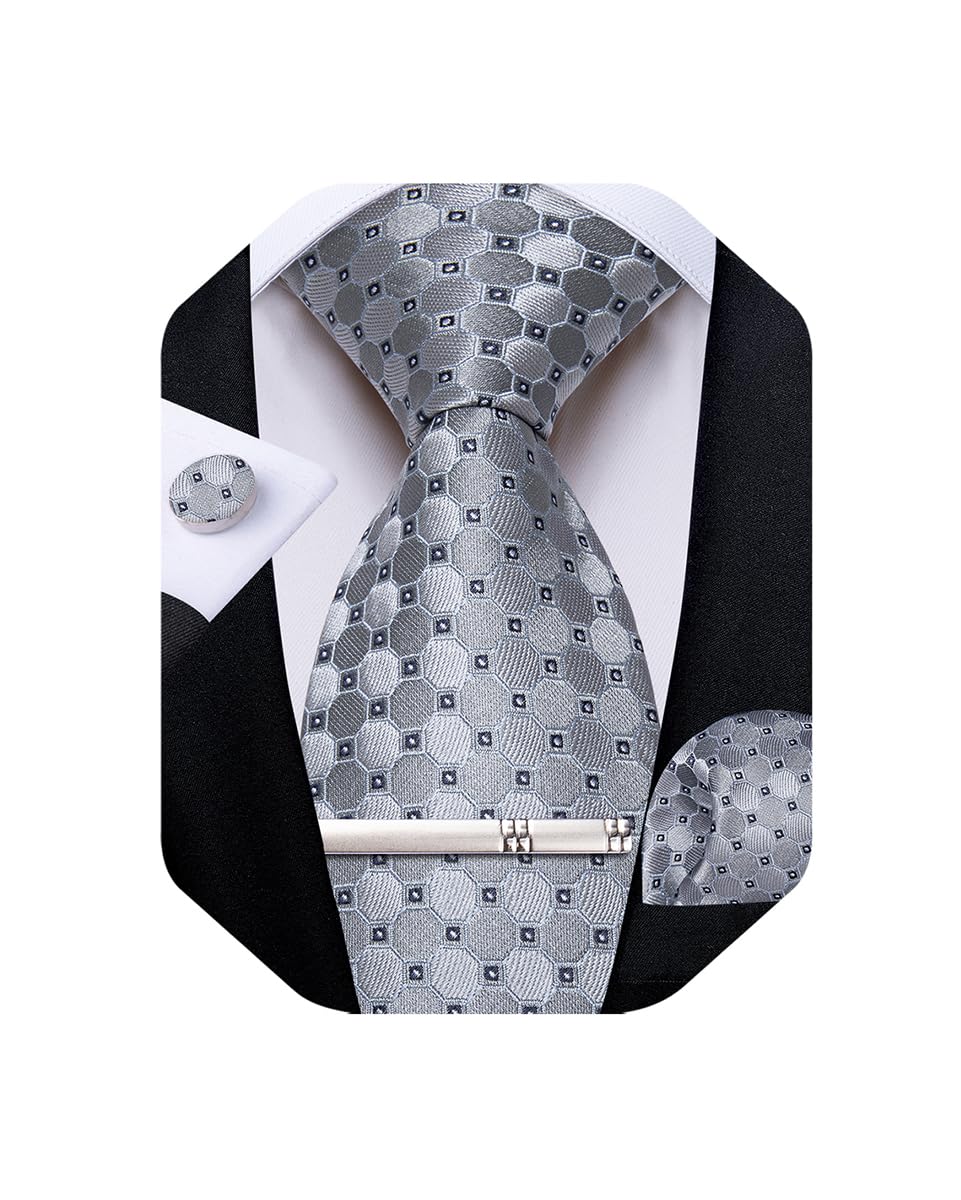 Silk Ties for Men Formal Plaid Check Necktie and Pocket Square Cufflinks Tie Clip Set Wedding Necktie with Gift Box
