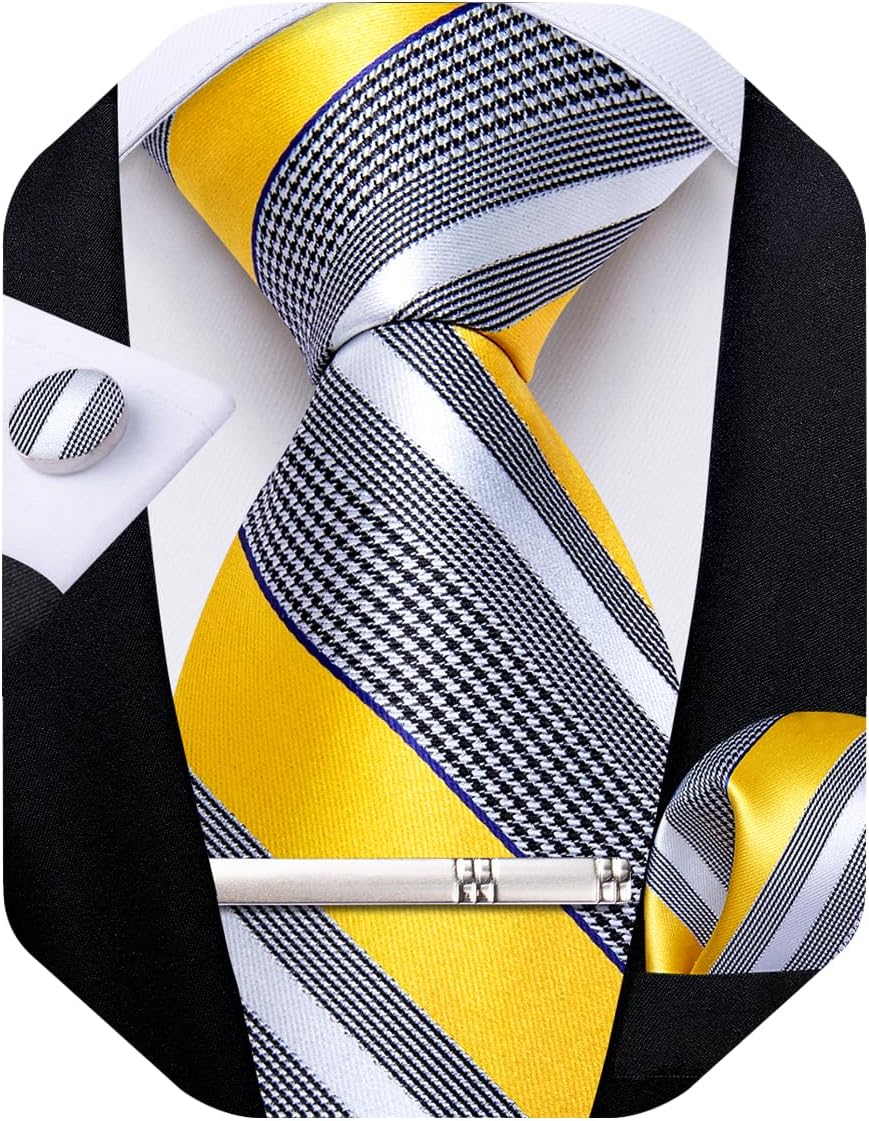 Mens Tie Silk Plaid Striped Necktie and Pocket Square Cufflinks Tie Clip Set with Gift Box Formal Wedding Party