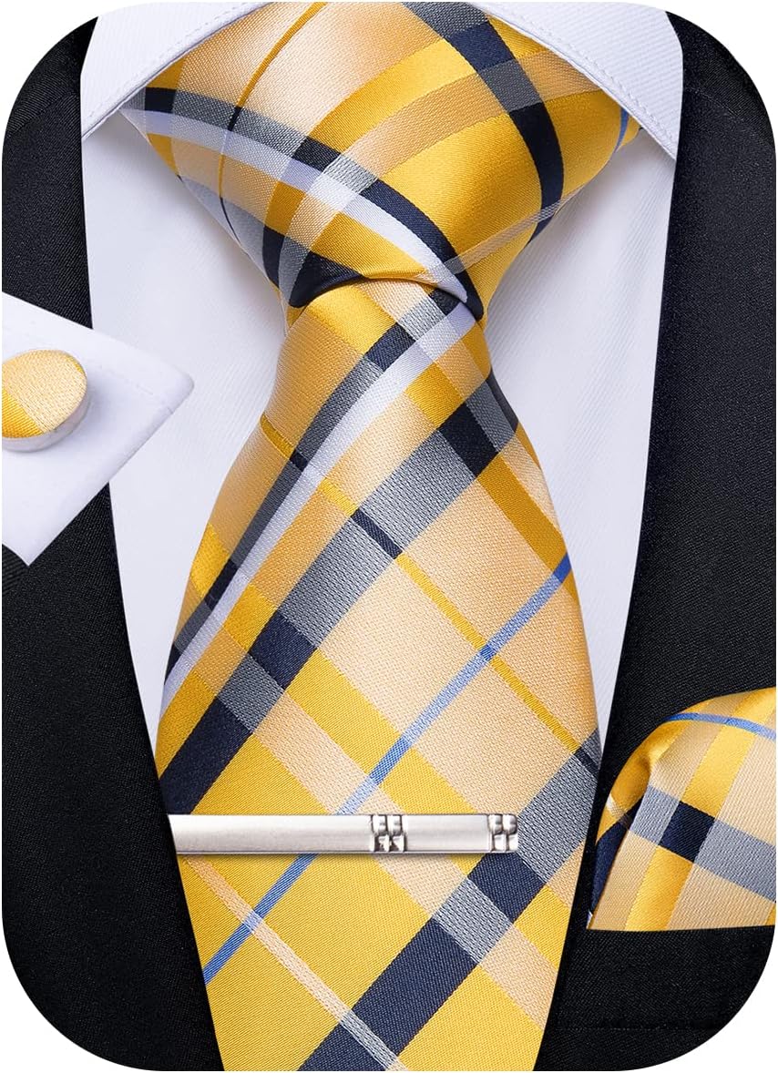 Plaid Ties for Men Silk Checkered Necktie and Pocket Square Cufflinks Tie Clip Set with Gift Box for Wedding Business