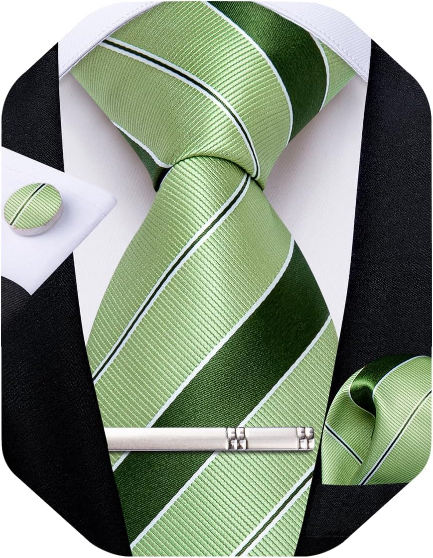 Mens Tie Silk Plaid Striped Necktie and Pocket Square Cufflinks Tie Clip Set with Gift Box Formal Wedding Party