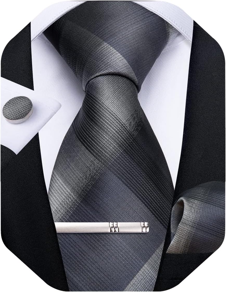 Plaid Ties for Men Silk Checkered Necktie and Pocket Square Cufflinks Tie Clip Set with Gift Box for Wedding Business