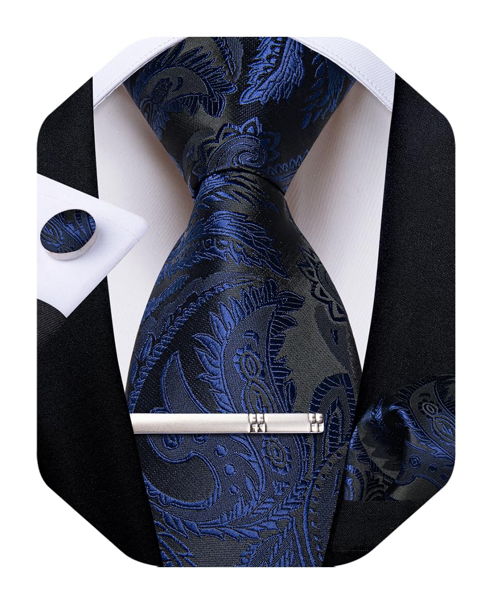 Silk Floral Ties for Men Woven Paisley Necktie and Tie Clip Handkerchief Cufflinks Set for Party Wedding