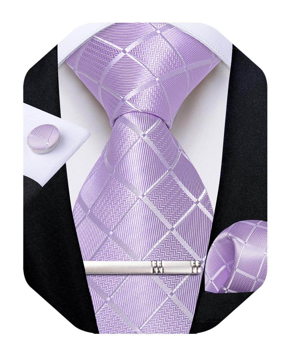 Silk Ties for Men Formal Plaid Check Necktie and Pocket Square Cufflinks Tie Clip Set Wedding Necktie with Gift Box
