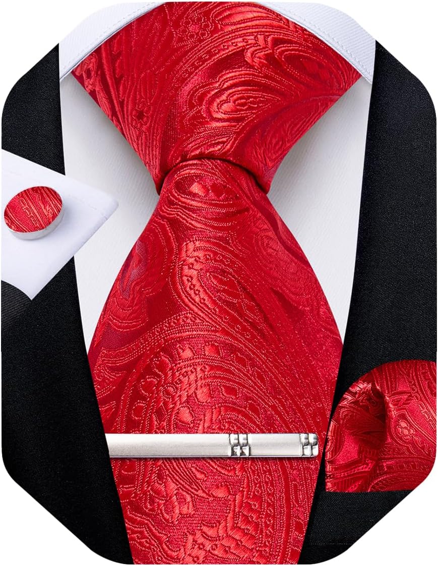Paisley Ties for Men Silk Necktie and Pocket Square Cufflinks Tie Clip Set Woven Classic Mens Tie for Wedding Party