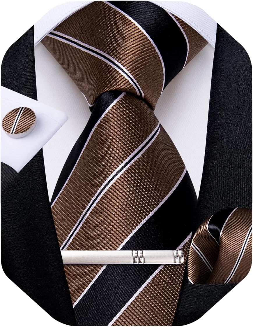 Mens Tie Silk Plaid Striped Necktie and Pocket Square Cufflinks Tie Clip Set with Gift Box Formal Wedding Party