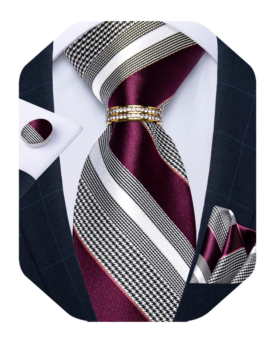 Mens Tie Set Silk Necktie and Gold Tie Ring Pocket Square Cufflinks Formal Business Wedding Ties with Gift Box