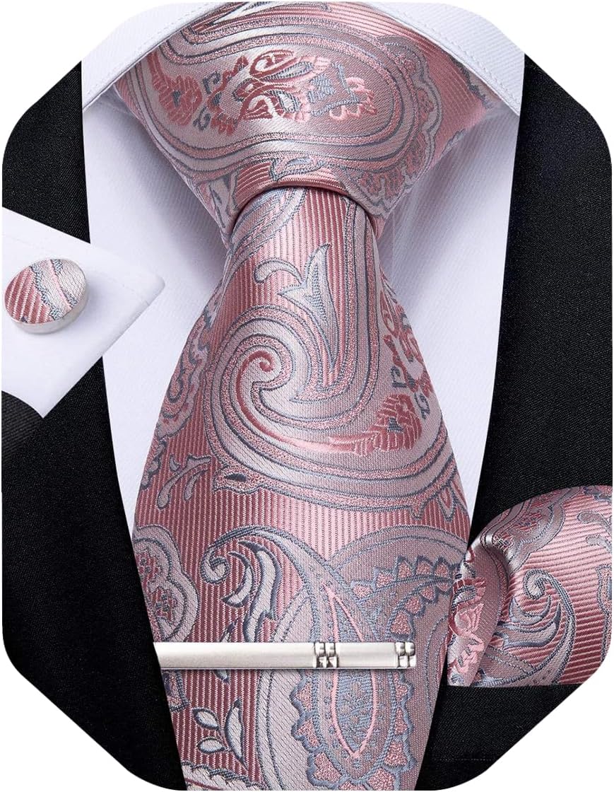 Paisley Ties for Men Silk Necktie and Pocket Square Cufflinks Tie Clip Set Woven Classic Mens Tie for Wedding Party