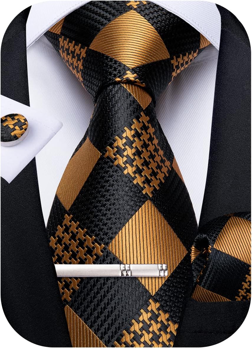 Plaid Ties for Men Silk Checkered Necktie and Pocket Square Cufflinks Tie Clip Set with Gift Box for Wedding Business
