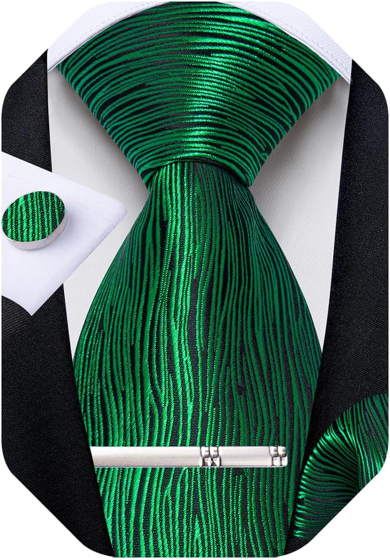Mens Tie Silk Plaid Striped Necktie and Pocket Square Cufflinks Tie Clip Set with Gift Box Formal Wedding Party