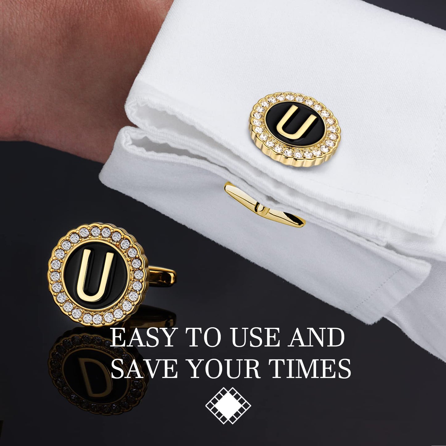 18K Gold Tone Initial Cufflinks for Men with Tuxedo Studs