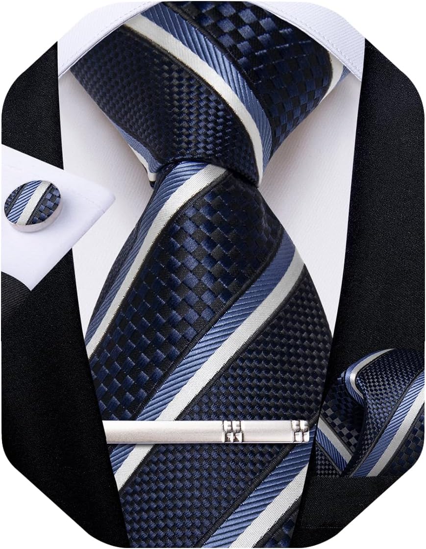 Mens Tie Silk Plaid Striped Necktie and Pocket Square Cufflinks Tie Clip Set with Gift Box Formal Wedding Party