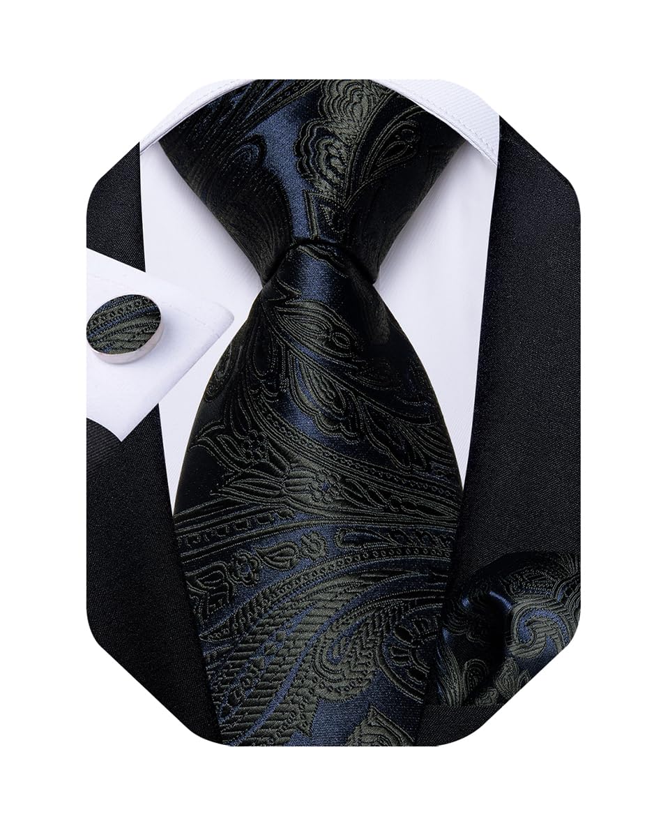 Mens Tie Set Silk Solid Paisley Necktie and Pocket Square Cufflinks Classic Formal Ties for Men Wedding Party