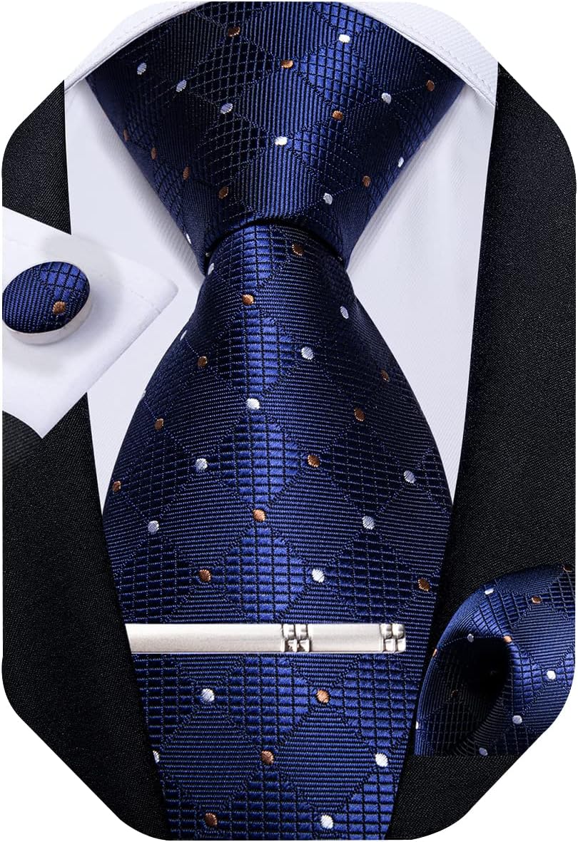 Plaid Ties for Men Silk Checkered Necktie and Pocket Square Cufflinks Tie Clip Set with Gift Box for Wedding Business