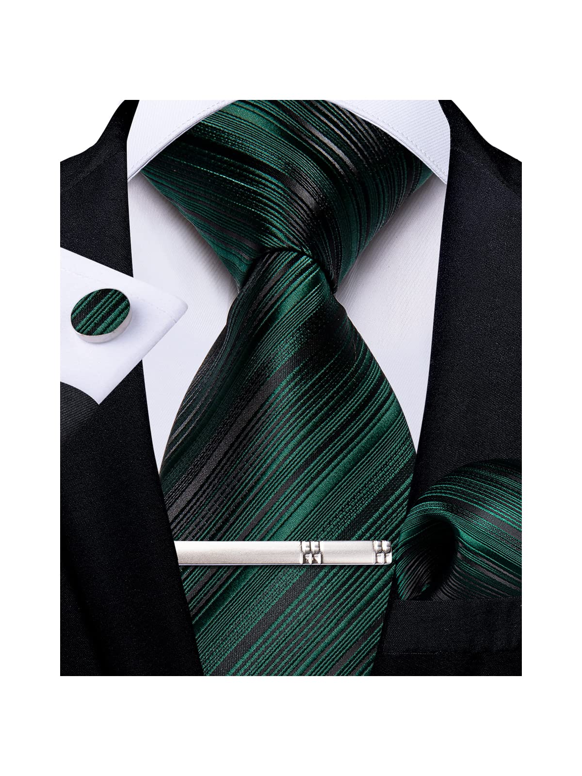 Mens Striped Tie Silk Woven Necktie and Pocket Square Cufflinks Tie Clip Set Wedding Business Formal Gift Tie for Men