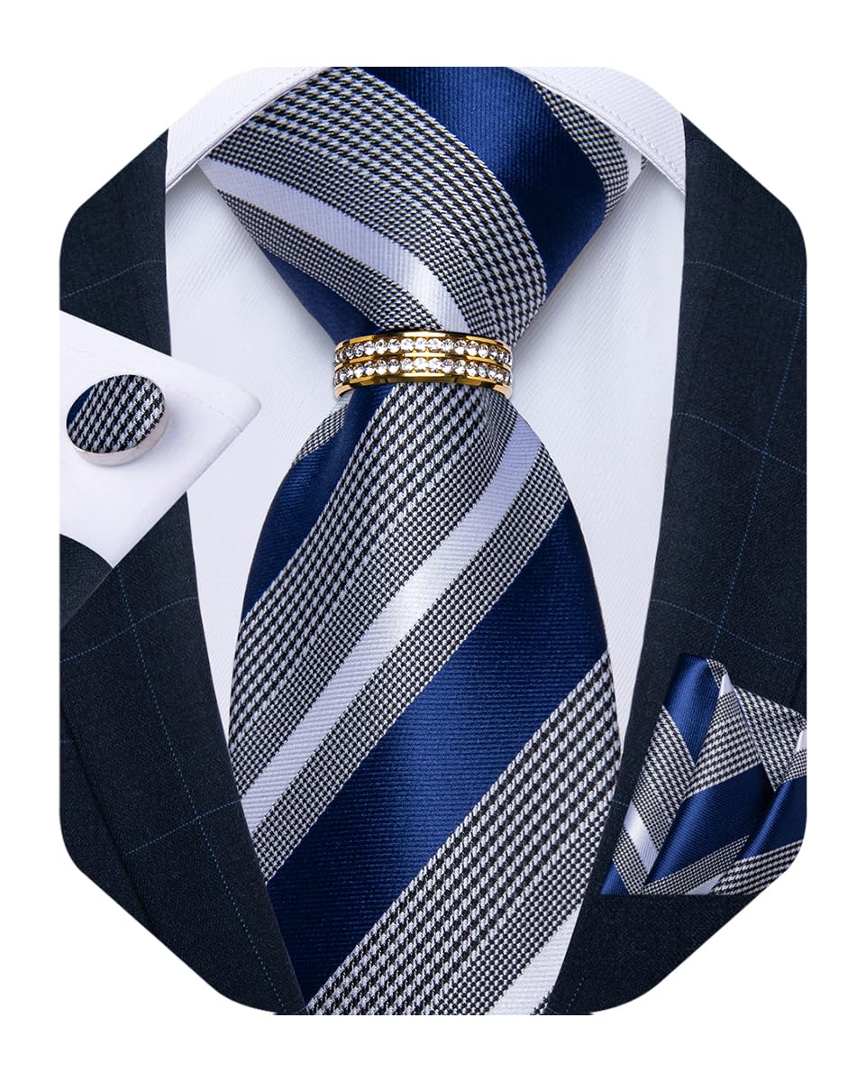 Mens Tie Set Silk Necktie and Gold Tie Ring Pocket Square Cufflinks Formal Business Wedding Ties with Gift Box