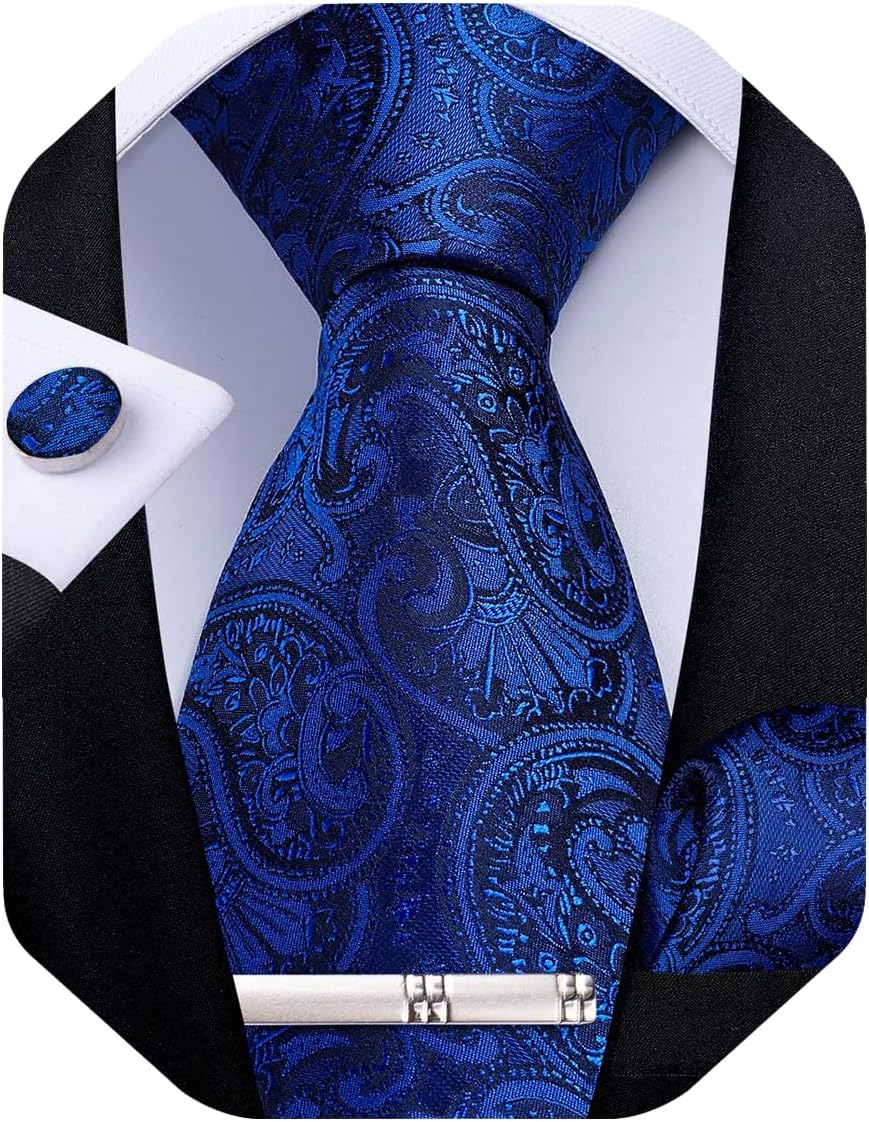 Paisley Ties for Men Silk Necktie and Pocket Square Cufflinks Tie Clip Set Woven Classic Mens Tie for Wedding Party