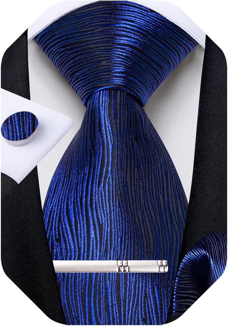 Mens Tie Silk Plaid Striped Necktie and Pocket Square Cufflinks Tie Clip Set with Gift Box Formal Wedding Party