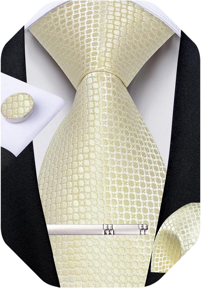 Mens Tie Silk Plaid Striped Necktie and Pocket Square Cufflinks Tie Clip Set with Gift Box Formal Wedding Party