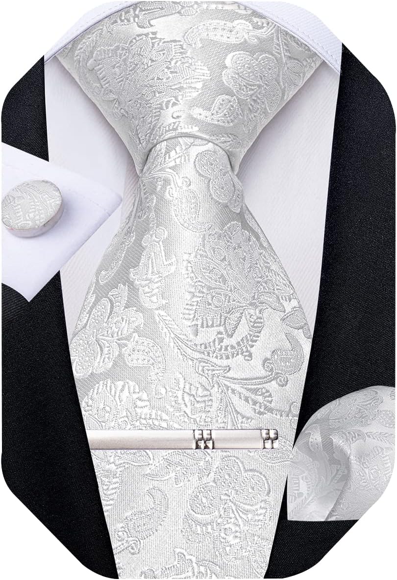 Paisley Ties for Men Silk Necktie and Pocket Square Cufflinks Tie Clip Set Woven Classic Mens Tie for Wedding Party