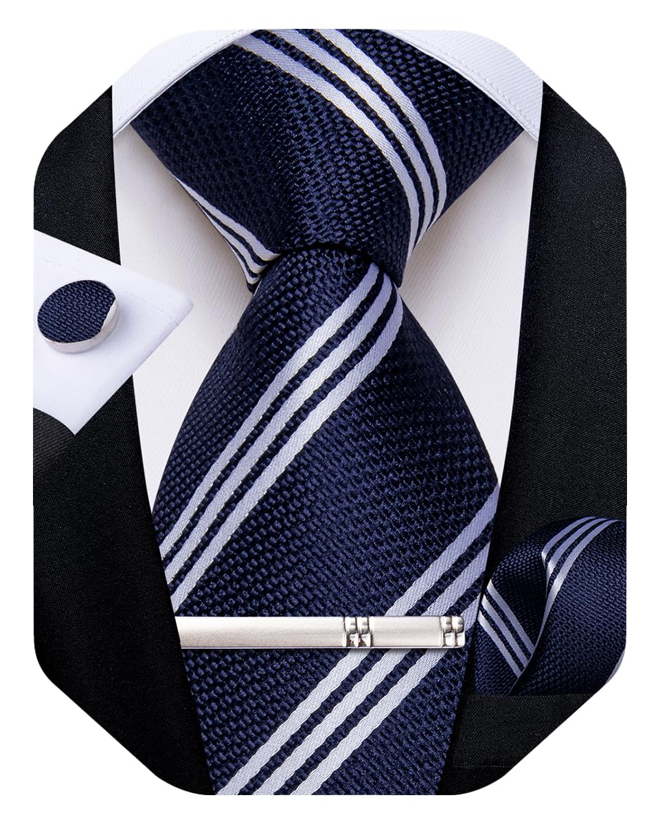 Mens Striped Tie Silk Woven Necktie and Pocket Square Cufflinks Tie Clip Set Wedding Business Formal Gift Tie for Men