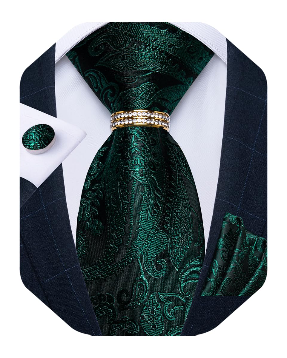 Mens Tie Set Silk Necktie and Gold Tie Ring Pocket Square Cufflinks Formal Business Wedding Ties with Gift Box