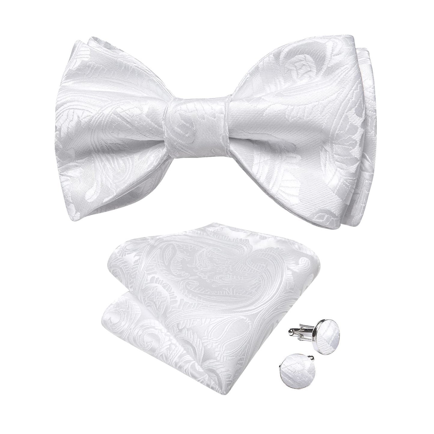Mens Silk Self Bow Ties,Woven Solid Striped Paisley Bowtie and Pocket Square Cufflinks Set for Men Tuxedo Wedding