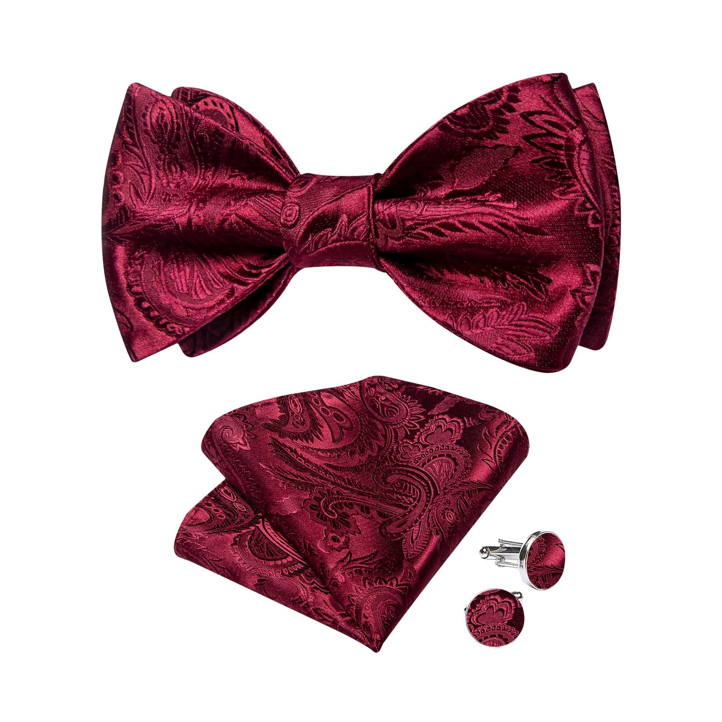 Mens Silk Self Bow Ties,Woven Solid Striped Paisley Bowtie and Pocket Square Cufflinks Set for Men Tuxedo Wedding
