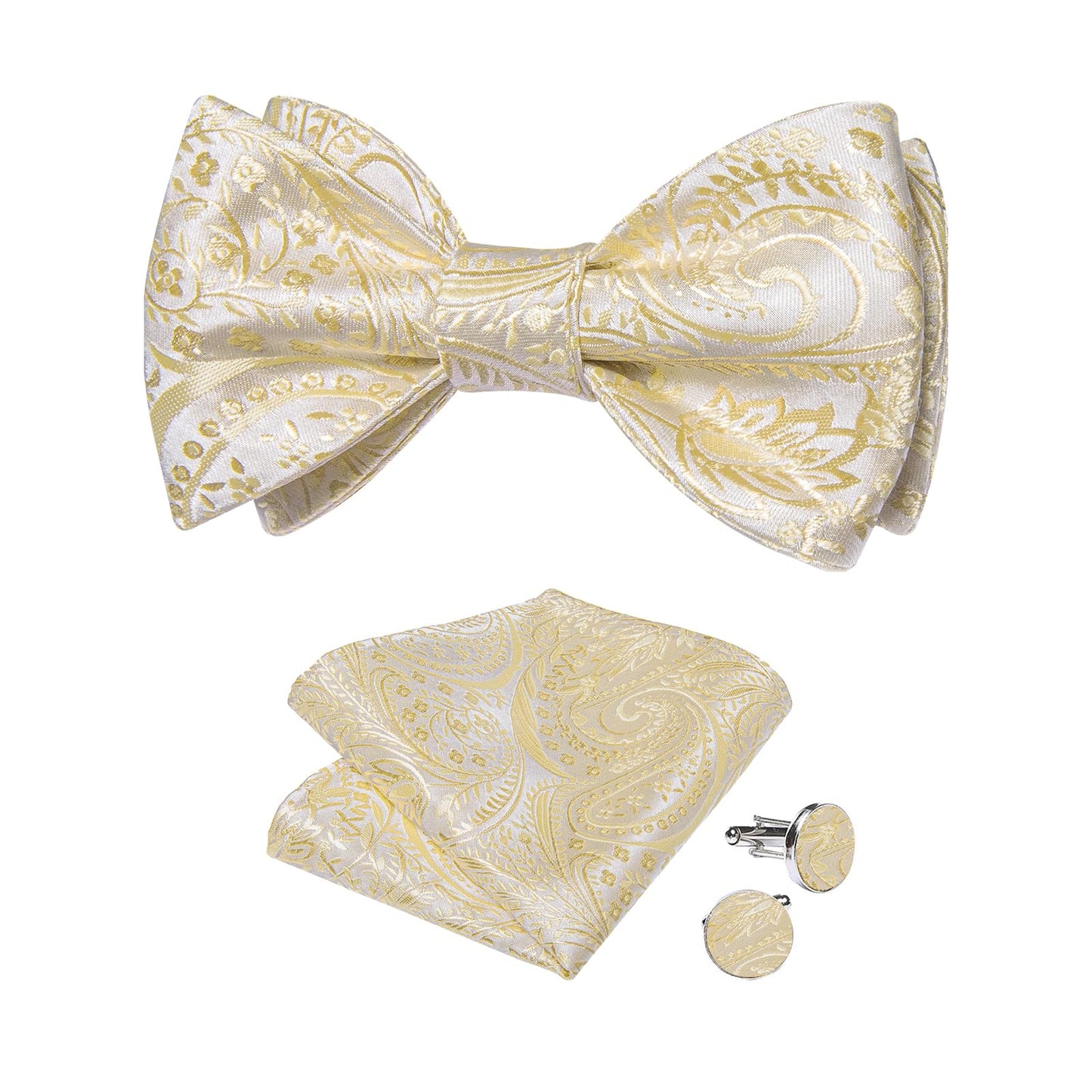 Mens Silk Self Bow Ties,Woven Solid Striped Paisley Bowtie and Pocket Square Cufflinks Set for Men Tuxedo Wedding