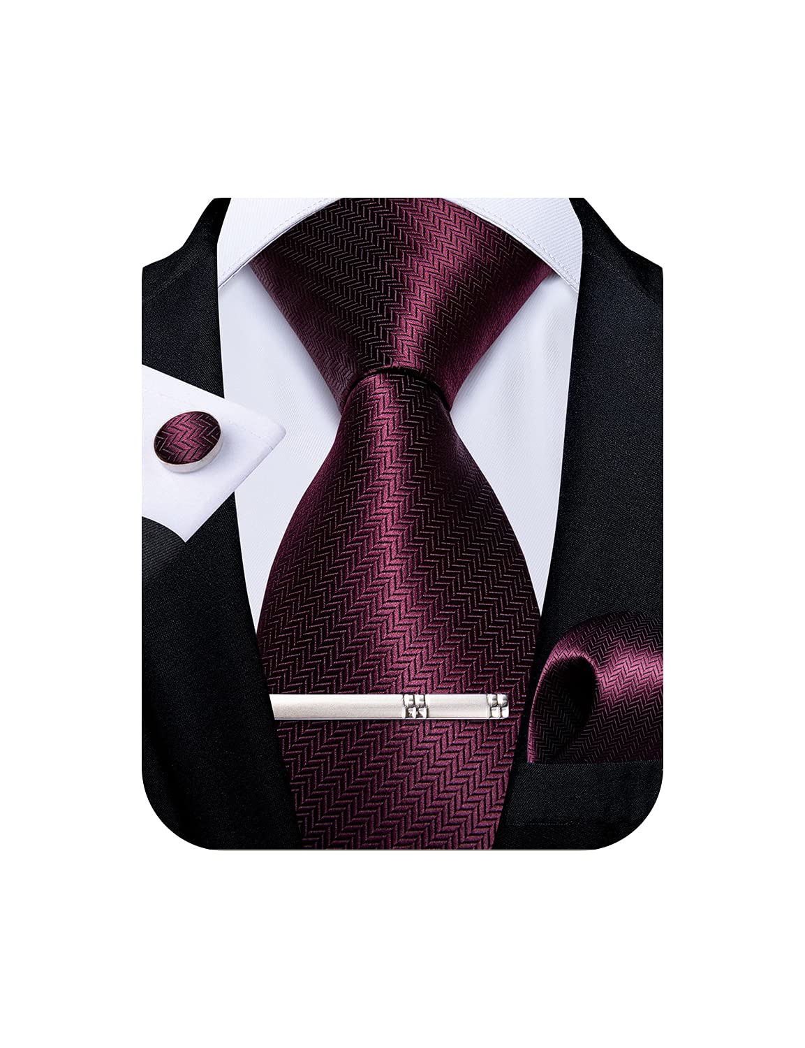 Mens Silk Necktie Solid Color Tie and Pocket Square Cufflink Tie Clip Set Woven Plain Ties for Men Wedding Party