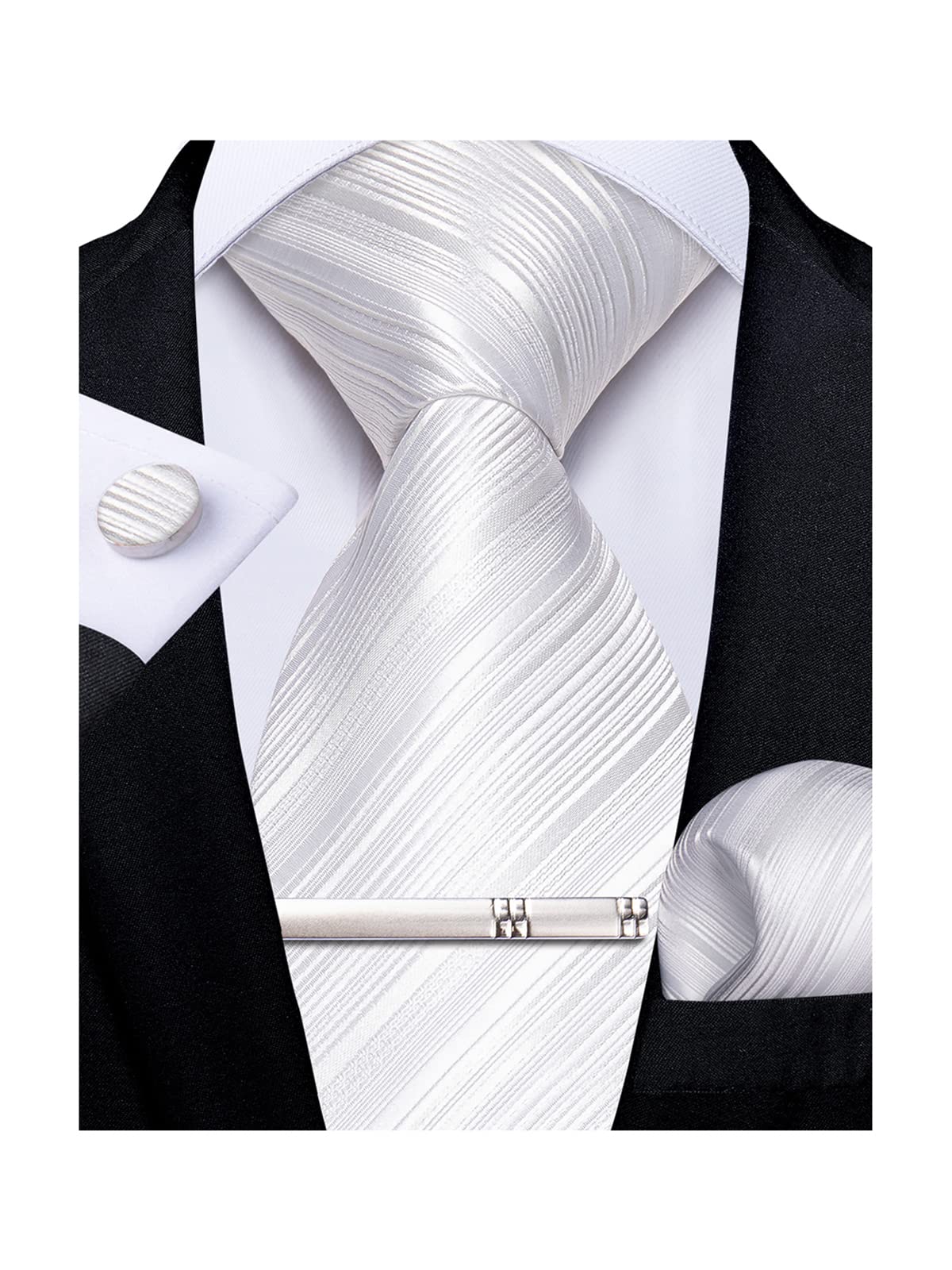 Mens Silk Necktie Solid Color Tie and Pocket Square Cufflink Tie Clip Set Woven Plain Ties for Men Wedding Party