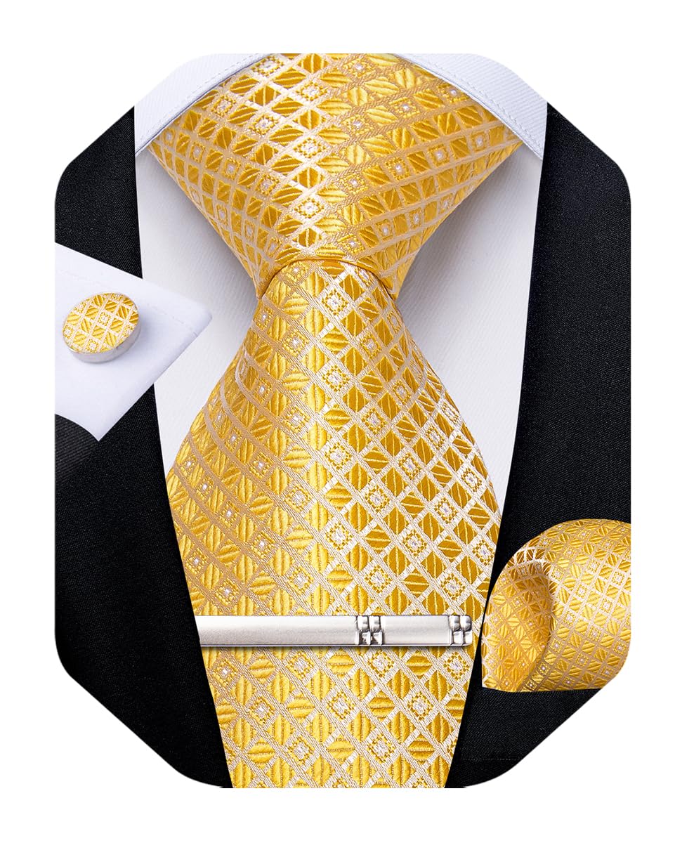 Silk Ties for Men Formal Plaid Check Necktie and Pocket Square Cufflinks Tie Clip Set Wedding Necktie with Gift Box