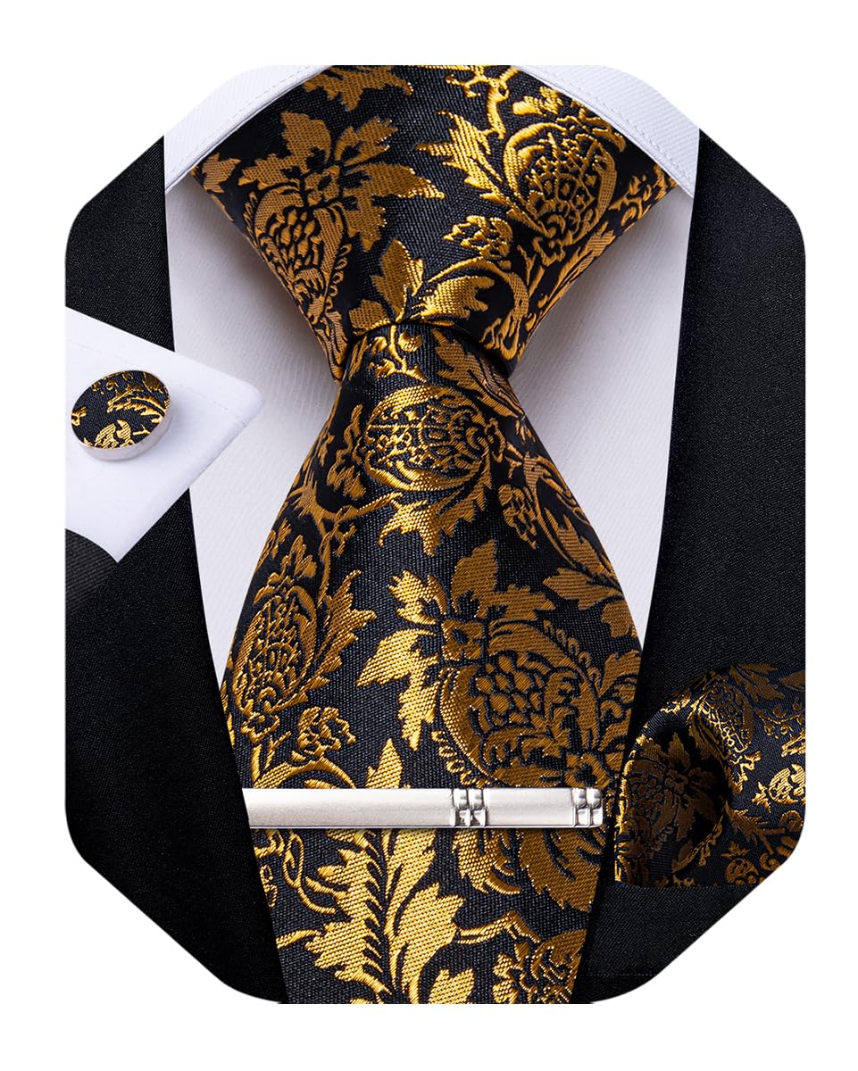 Silk Floral Ties for Men Woven Paisley Necktie and Tie Clip Handkerchief Cufflinks Set for Party Wedding