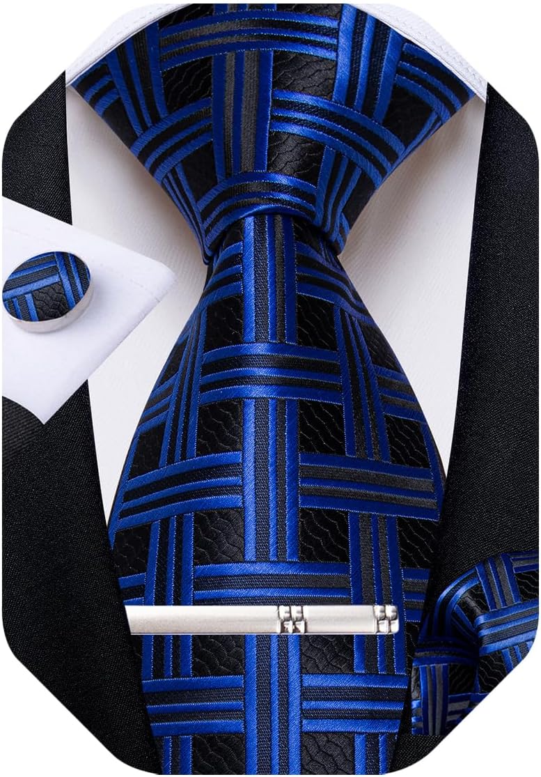 Mens Tie Silk Plaid Striped Necktie and Pocket Square Cufflinks Tie Clip Set with Gift Box Formal Wedding Party
