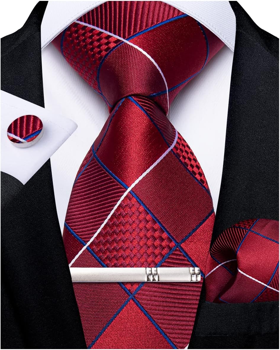 Plaid Ties for Men Silk Checkered Necktie and Pocket Square Cufflinks Tie Clip Set with Gift Box for Wedding Business