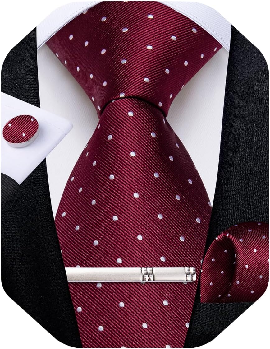 Mens Tie Silk Plaid Striped Necktie and Pocket Square Cufflinks Tie Clip Set with Gift Box Formal Wedding Party