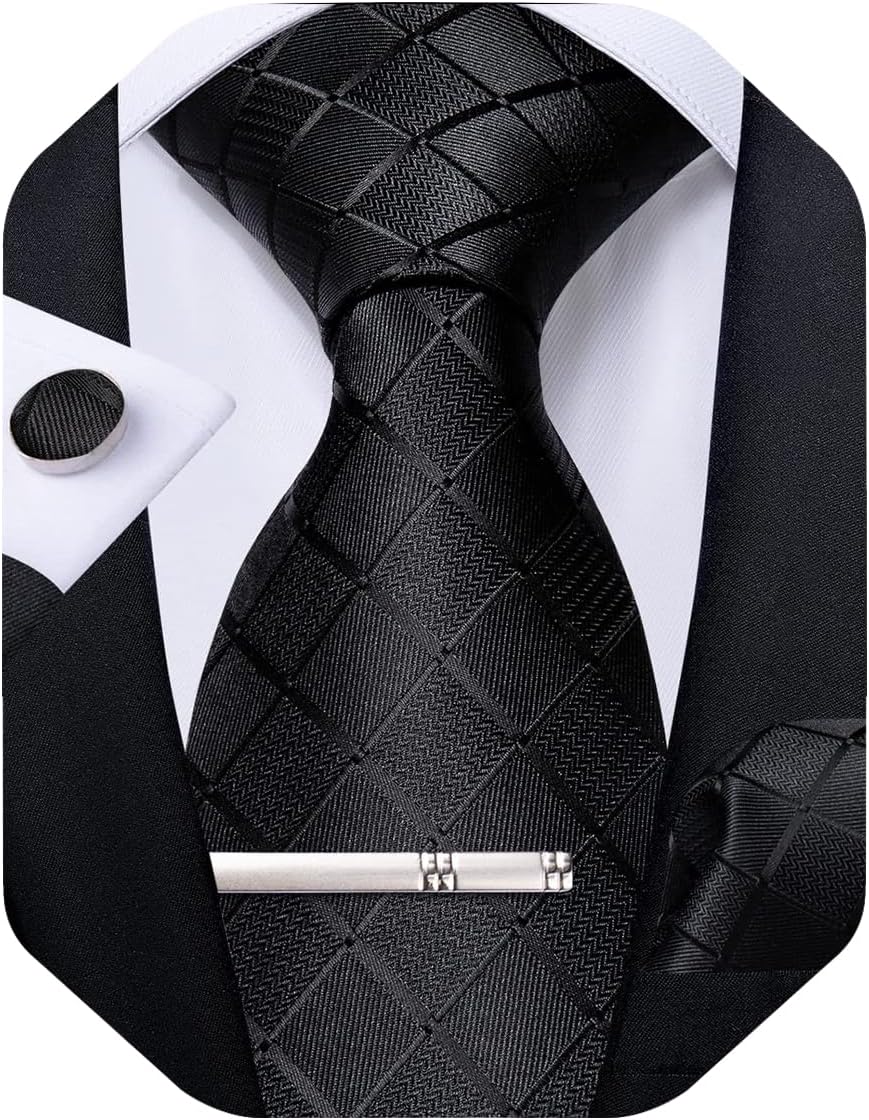 Plaid Ties for Men Silk Checkered Necktie and Pocket Square Cufflinks Tie Clip Set with Gift Box for Wedding Business