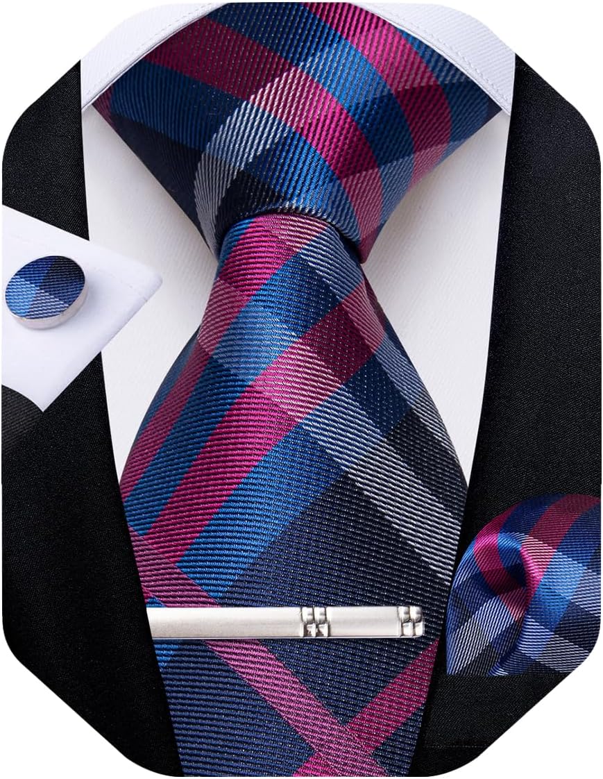 Plaid Ties for Men Silk Checkered Necktie and Pocket Square Cufflinks Tie Clip Set with Gift Box for Wedding Business