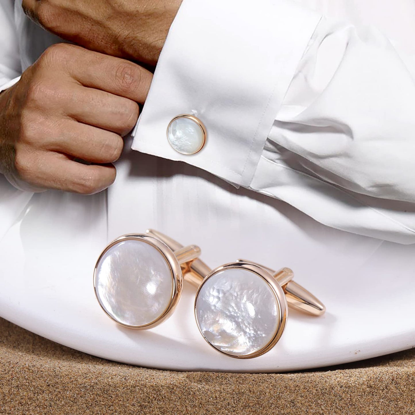 Cufflinks and Tuxedo Studs Set for Men with Gift Box, Mother-of-Pearl Cuff links for French Cuff Shirt and Dress Shirt, Suitable for Wedding, Birthday, Party