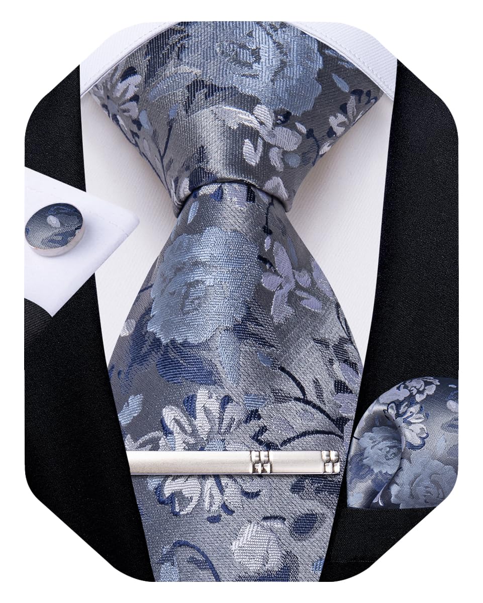 Silk Floral Ties for Men Woven Paisley Necktie and Tie Clip Handkerchief Cufflinks Set for Party Wedding