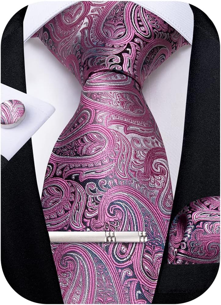 Paisley Ties for Men Silk Necktie and Pocket Square Cufflinks Tie Clip Set Woven Classic Mens Tie for Wedding Party