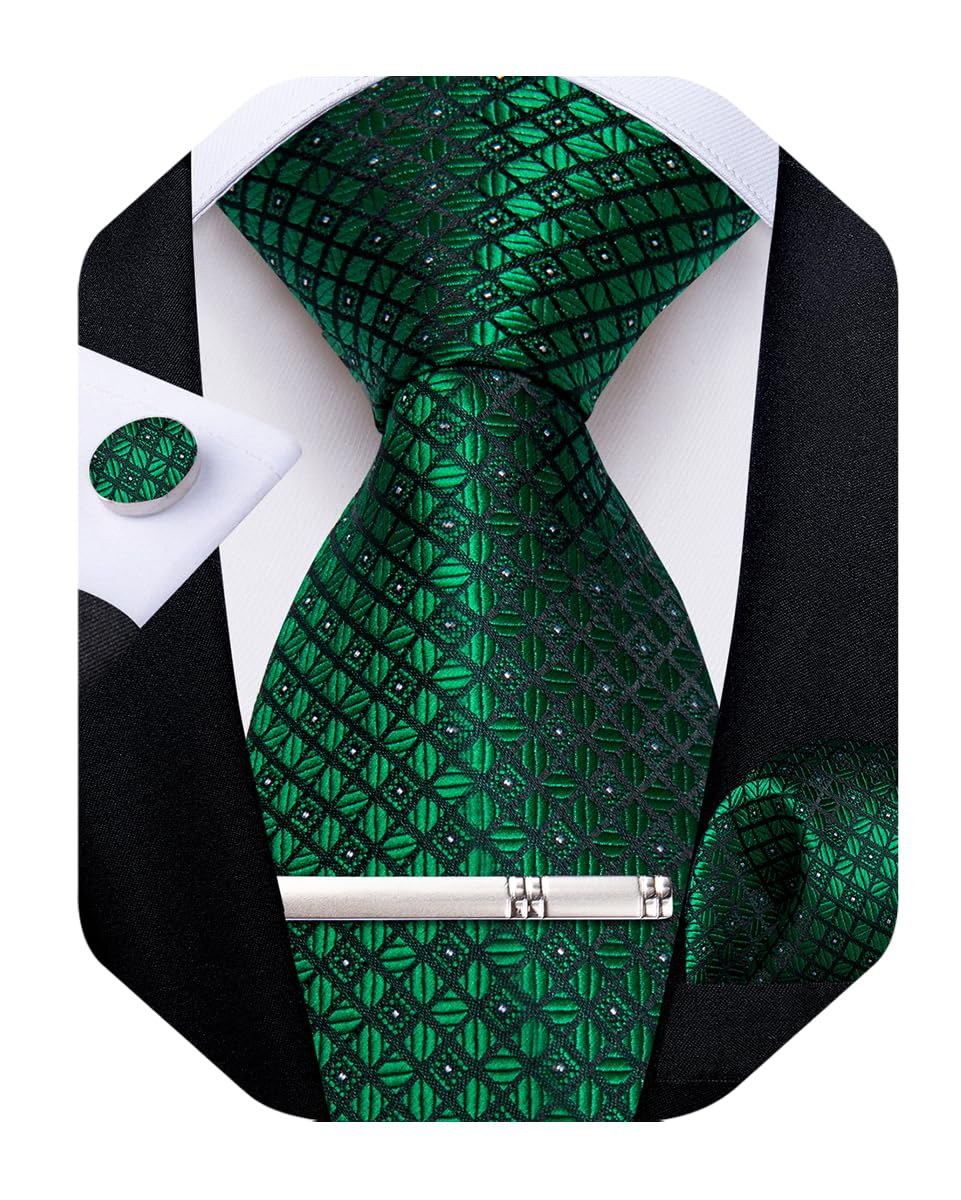Silk Ties for Men Formal Plaid Check Necktie and Pocket Square Cufflinks Tie Clip Set Wedding Necktie with Gift Box