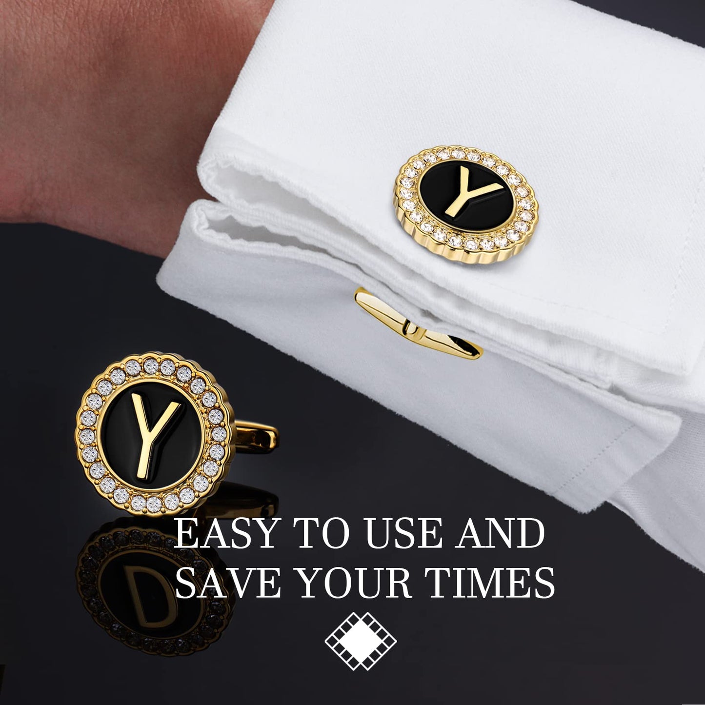 18K Gold Tone Initial Cufflinks for Men with Tuxedo Studs