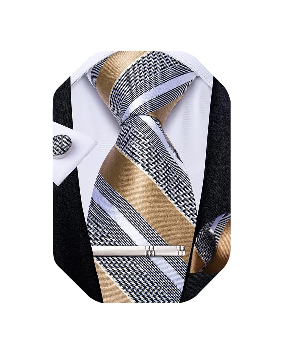 Mens Striped Tie Silk Woven Necktie and Pocket Square Cufflinks Tie Clip Set Wedding Business Formal Gift Tie for Men