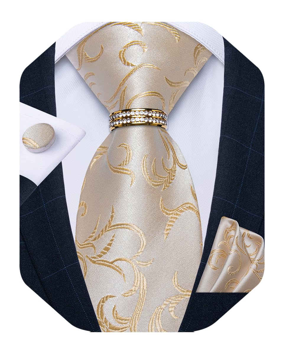 Mens Tie Set Silk Necktie and Gold Tie Ring Pocket Square Cufflinks Formal Business Wedding Ties with Gift Box
