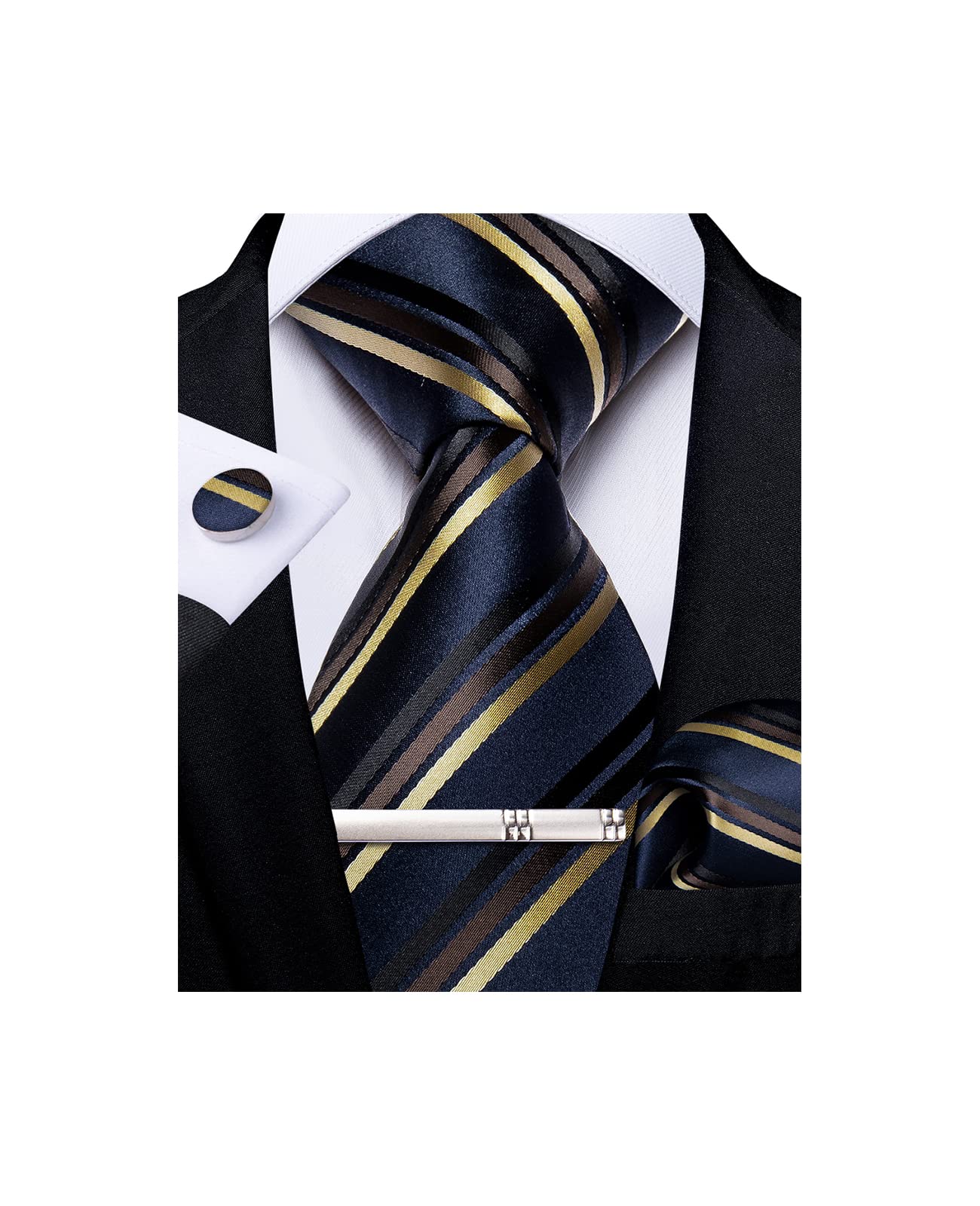 Mens Striped Tie Silk Woven Necktie and Pocket Square Cufflinks Tie Clip Set Wedding Business Formal Gift Tie for Men