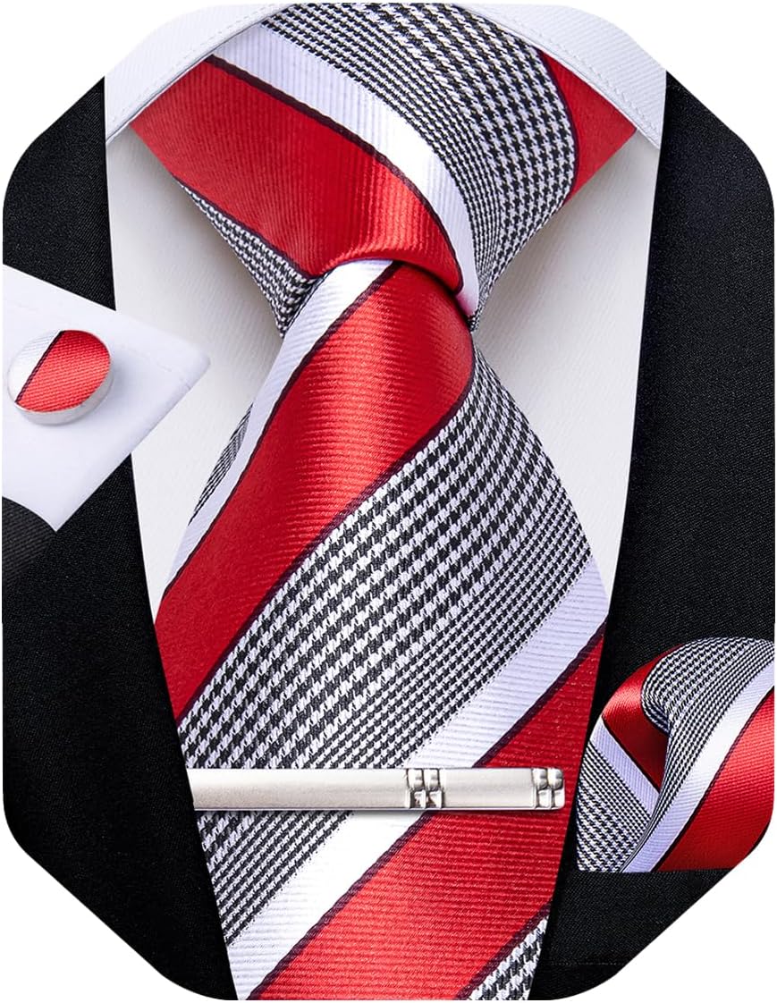Mens Tie Silk Plaid Striped Necktie and Pocket Square Cufflinks Tie Clip Set with Gift Box Formal Wedding Party