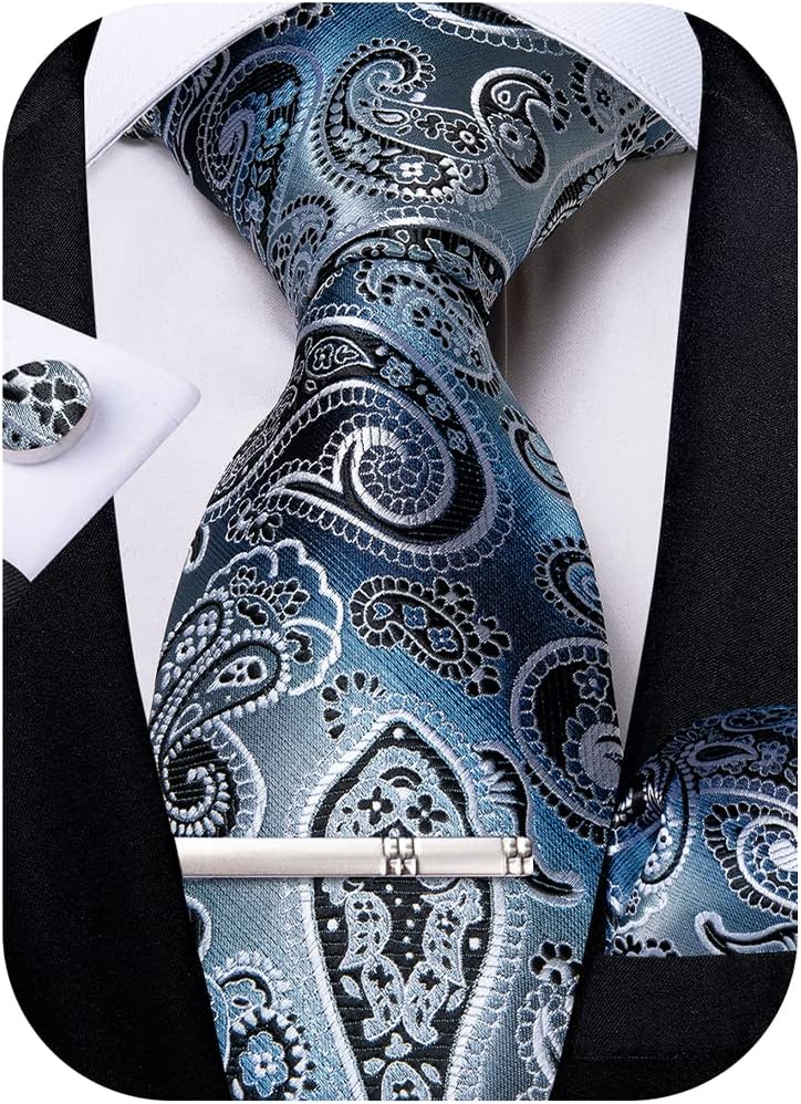 Paisley Ties for Men Silk Necktie and Pocket Square Cufflinks Tie Clip Set Woven Classic Mens Tie for Wedding Party