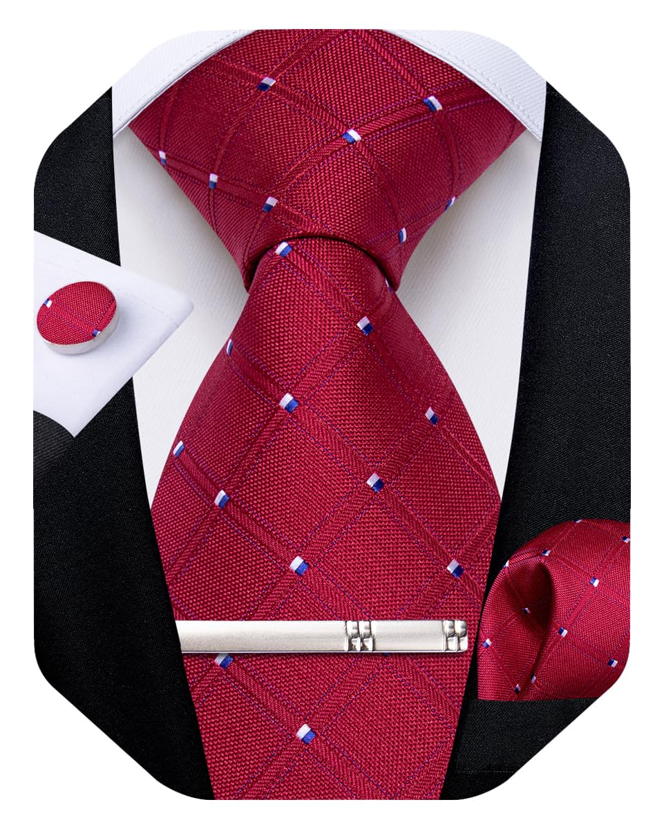 Silk Ties for Men Formal Plaid Check Necktie and Pocket Square Cufflinks Tie Clip Set Wedding Necktie with Gift Box